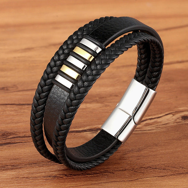Men's Multi-Layer Braided Leather Bracelet in Stainless Steel - Blue Cup LLC.