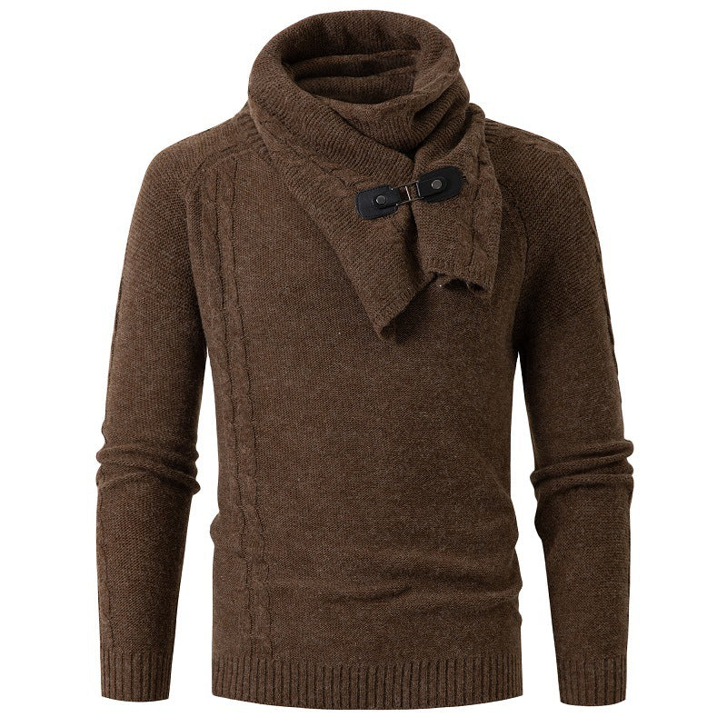 Men's Detachable Scarf Slim Round Neck Knitted Sweater - Blue Cup LLC.