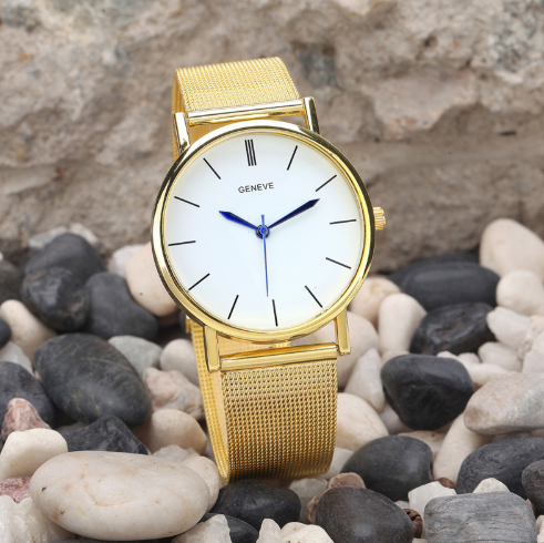 Geneva Watch with Gold Mesh Band and Double Row Diamonds - Blue Cup LLC.