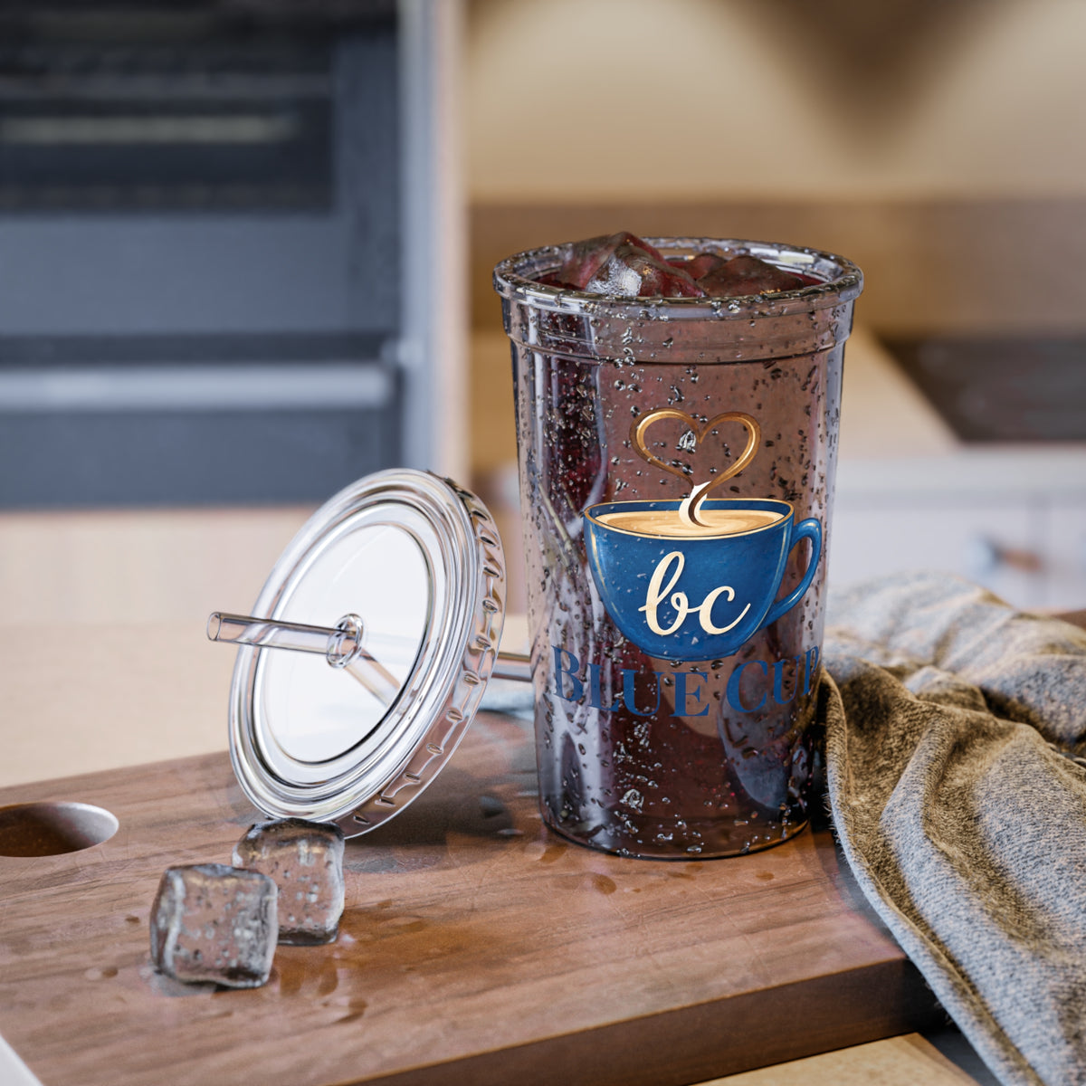 Blue Cup Acrylic Tumbler with Heart Latte Art — Reusable Cold Drink Cup Printify