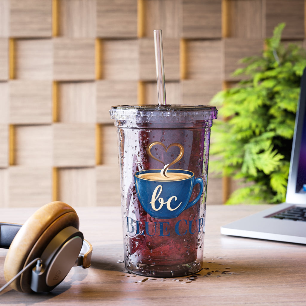 Blue Cup Acrylic Tumbler with Heart Latte Art — Reusable Cold Drink Cup Printify