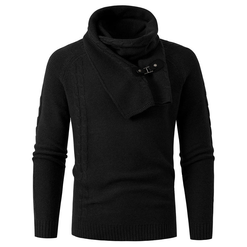 Men's Detachable Scarf Slim Round Neck Knitted Sweater - Blue Cup LLC.