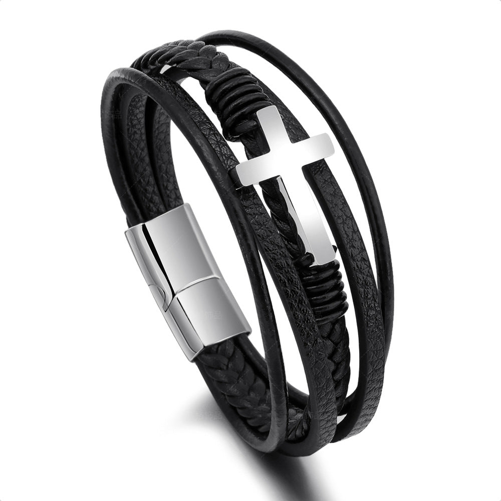 Men's Multilayer Leather and Stainless Steel Bracelet - Blue Cup LLC.