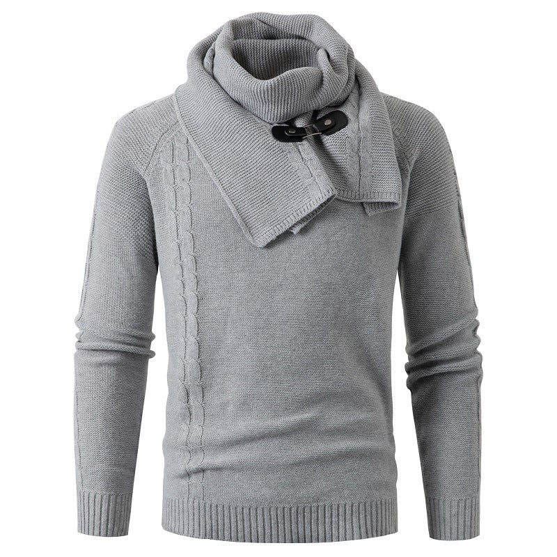Men's Detachable Scarf Slim Round Neck Knitted Sweater - Blue Cup LLC.
