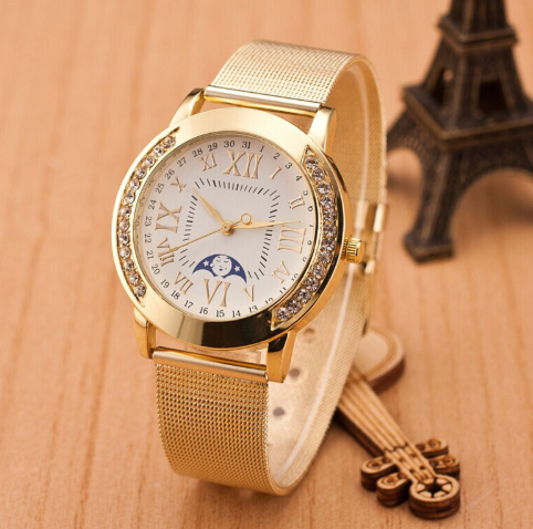 Geneva Watch with Gold Mesh Band and Double Row Diamonds - Blue Cup LLC.