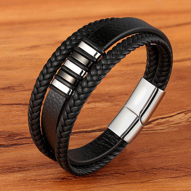 Men's Multi-Layer Braided Leather Bracelet in Stainless Steel - Blue Cup LLC.