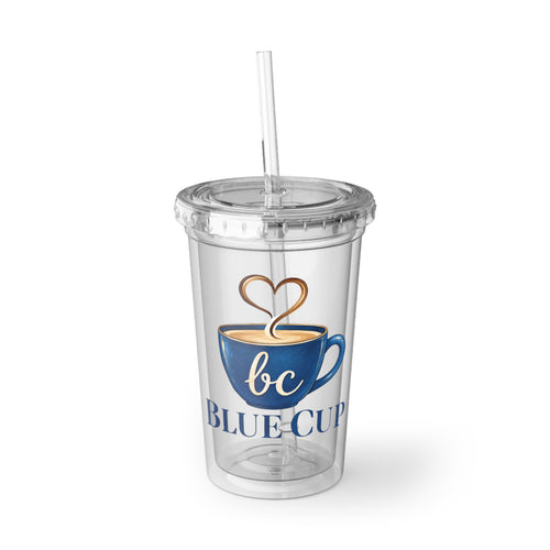Blue Cup Acrylic Tumbler with Heart Latte Art — Reusable Cold Drink Cup Printify