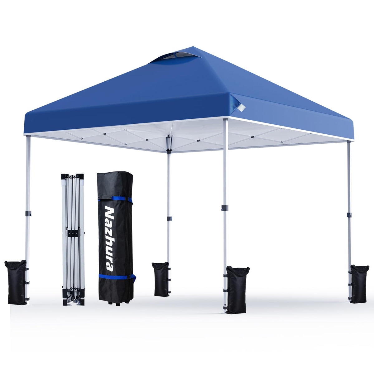 Nazhura 10 x 10 Pop Up Canopy Tent with Sand Weight Bag Freestanding Sun Shelter for Picnic and Camping One Person Setup and Height Adjustable (Blue) - Blue Cup LLC.