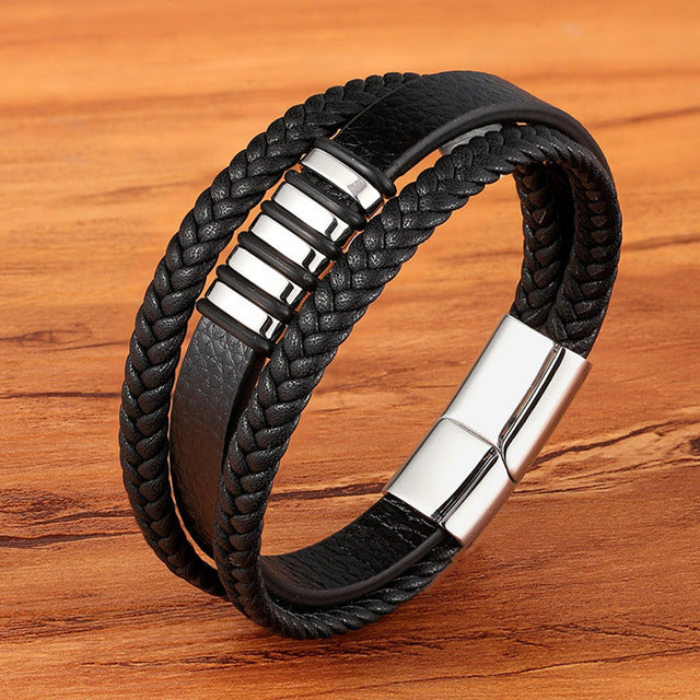 Men's Multi-Layer Braided Leather Bracelet in Stainless Steel - Blue Cup LLC.