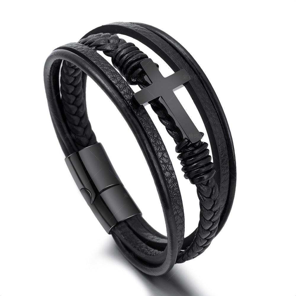 Men's Multilayer Leather and Stainless Steel Bracelet - Blue Cup LLC.