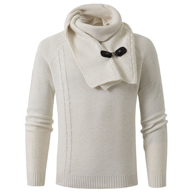 Men's Detachable Scarf Slim Round Neck Knitted Sweater - Blue Cup LLC.