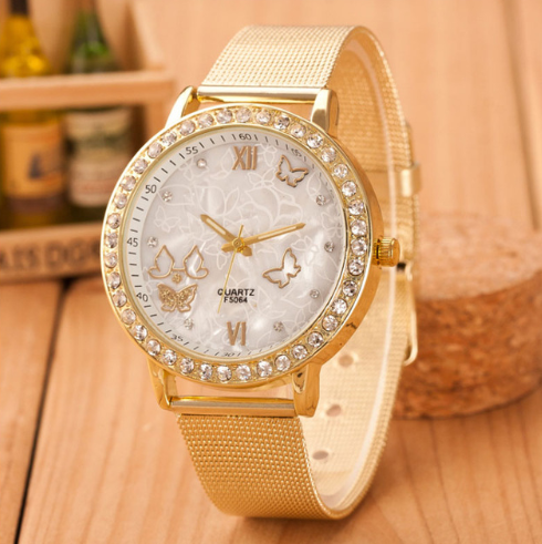 Geneva Watch with Gold Mesh Band and Double Row Diamonds - Blue Cup LLC.