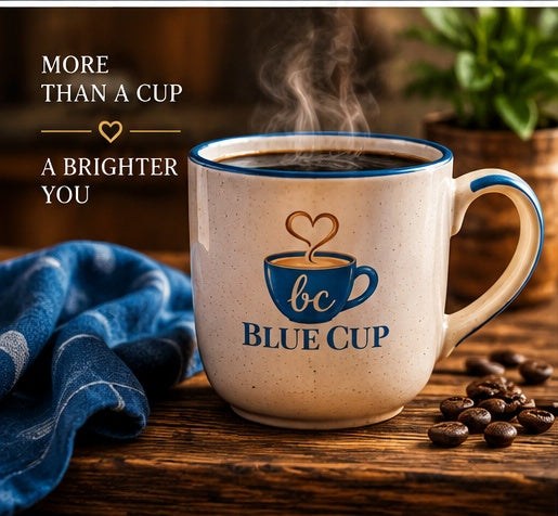 Steaming Blue Cup coffee in a branded mug for the 6 Bean Blend