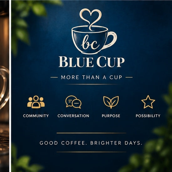 Blue Cup More Than a Cup brand graphic featuring community, conversation, purpose and possibility