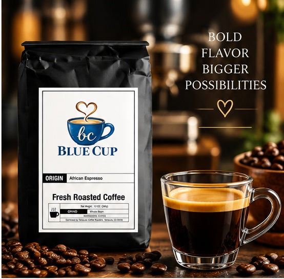 Blue Cup African Espresso coffee bag with espresso and roasted coffee beans