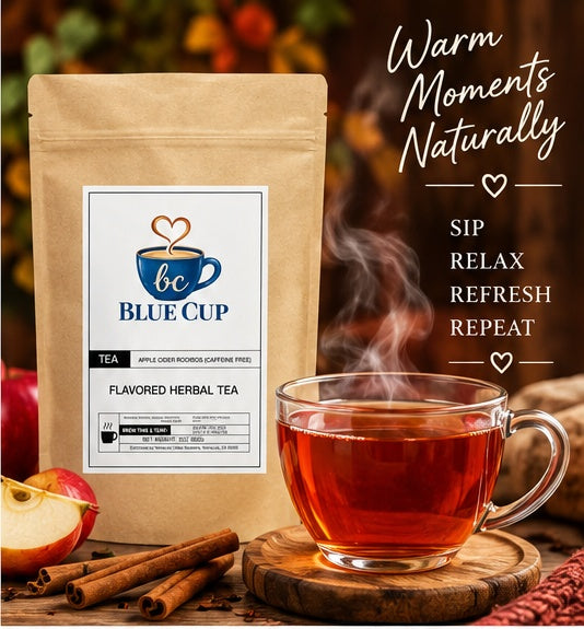 Blue Cup Apple Cider Rooibos Tea with a steaming cup, apples and cinnamon