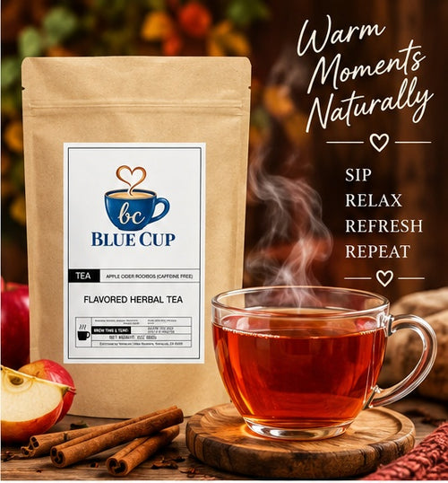 Blue Cup Apple Cider Rooibos Tea with a steaming cup, apples and cinnamon