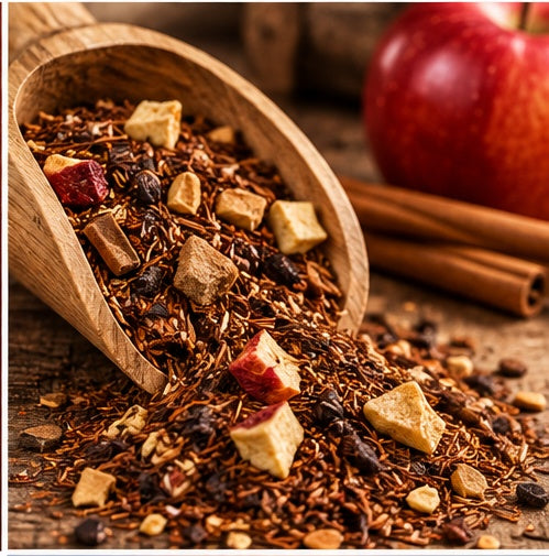 Loose leaf Blue Cup Apple Cider Rooibos Tea with warm spice ingredients
