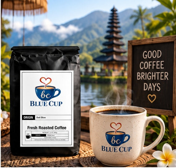 Blue Cup Bali Blue coffee bag with steaming coffee in a Bali-inspired setting