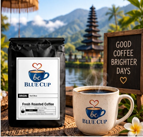 Blue Cup Bali Blue coffee bag with steaming coffee in a Bali-inspired setting
