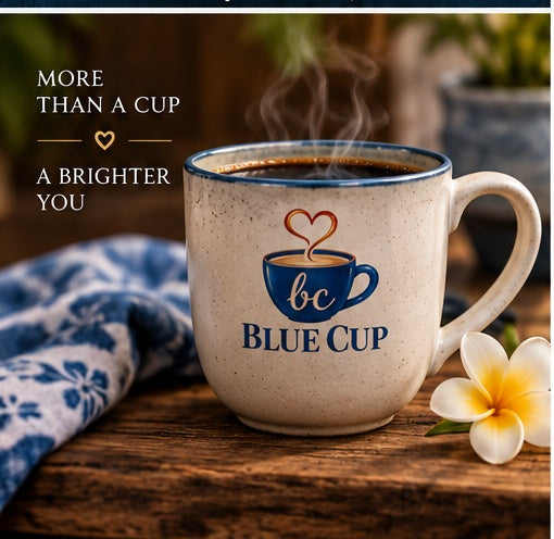 Steaming Blue Cup Bali Blue coffee in a branded mug