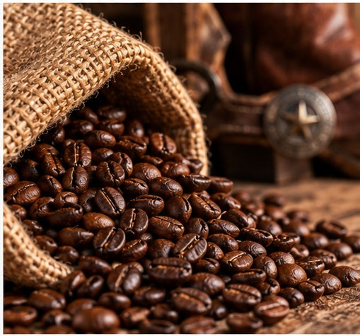 Roasted coffee beans for Blue Cup Cowboy Blend in a rustic western-inspired setting