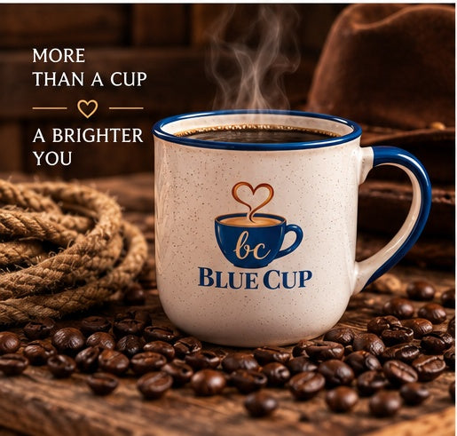 Steaming Blue Cup coffee mug with coffee beans for Cowboy Blend
