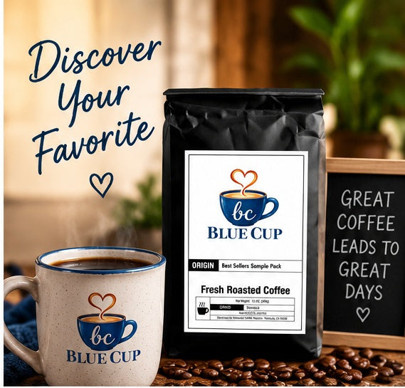 Blue Cup Coffee Discovery Sample Pack with branded mug in a warm coffee setting