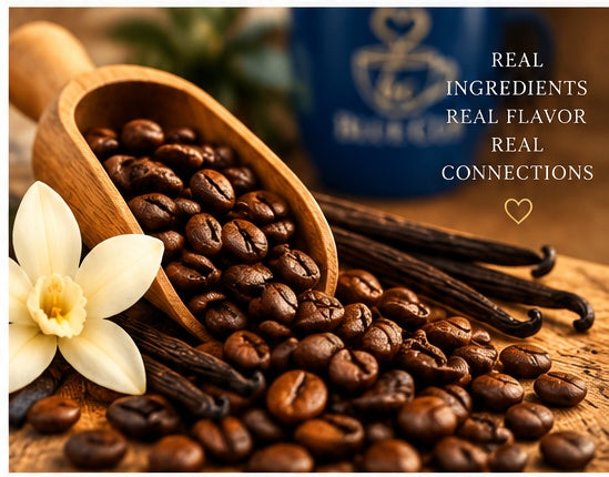 Roasted coffee beans and vanilla for Blue Cup French Vanilla coffee