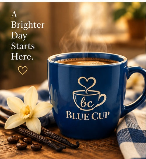 Steaming Blue Cup French Vanilla coffee with vanilla and brighter day message