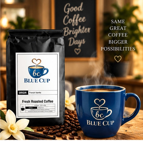 Blue Cup French Vanilla coffee bag with steaming blue mug, coffee beans and vanilla