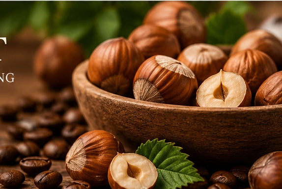 Hazelnuts and roasted coffee beans styled for Blue Cup Hazelnut Coffee