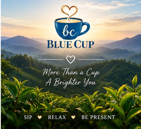 Blue Cup Jasmine Tea brand image with tea fields and Blue Cup logo