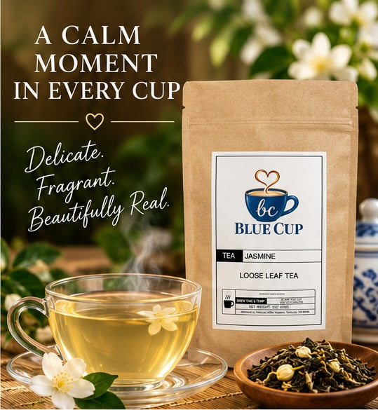 Blue Cup Jasmine Tea pouch with a cup of jasmine tea and loose leaf tea