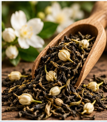 Close-up of jasmine loose leaf green tea with jasmine blossoms