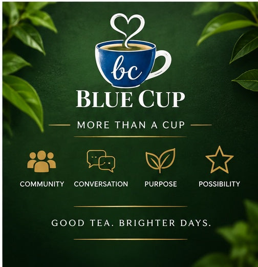 Blue Cup More Than a Cup brand graphic featuring community, conversation, purpose and possibility