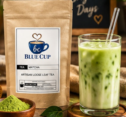 Blue Cup Matcha Tea pouch with matcha powder and iced matcha drink