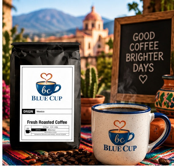 Blue Cup Mexico coffee bag with a steaming branded mug in a warm Mexico-inspired setting