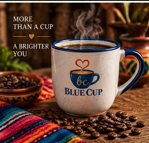 Steaming Blue Cup coffee served in a branded mug with coffee beans