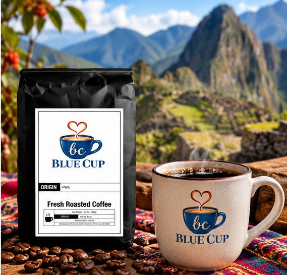 Blue Cup Peru coffee bag with branded mug and Peruvian mountain scenery