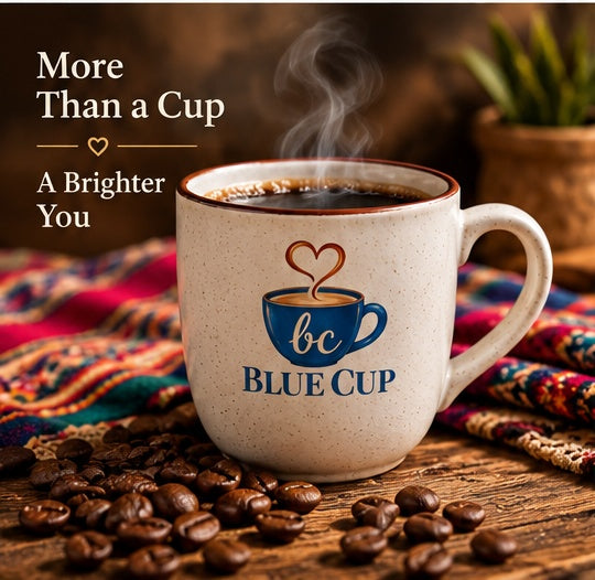 Steaming Blue Cup Peru coffee served in a branded mug