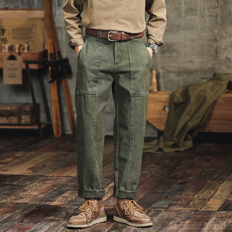 Men's Retro Army Green Loose Straight Cargo Pants - Blue Cup LLC.