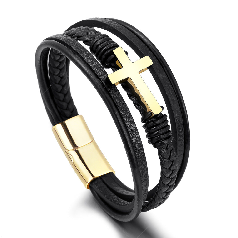 Men's Multilayer Leather and Stainless Steel Bracelet - Blue Cup LLC.