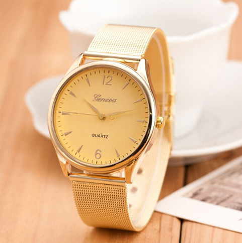 Geneva Watch with Gold Mesh Band and Double Row Diamonds - Blue Cup LLC.