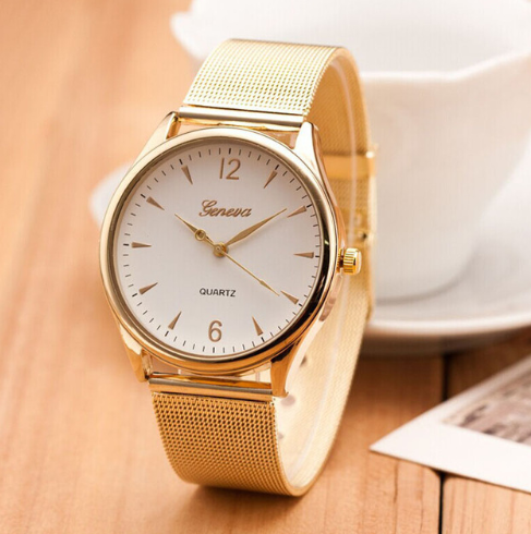Geneva Watch with Gold Mesh Band and Double Row Diamonds - Blue Cup LLC.