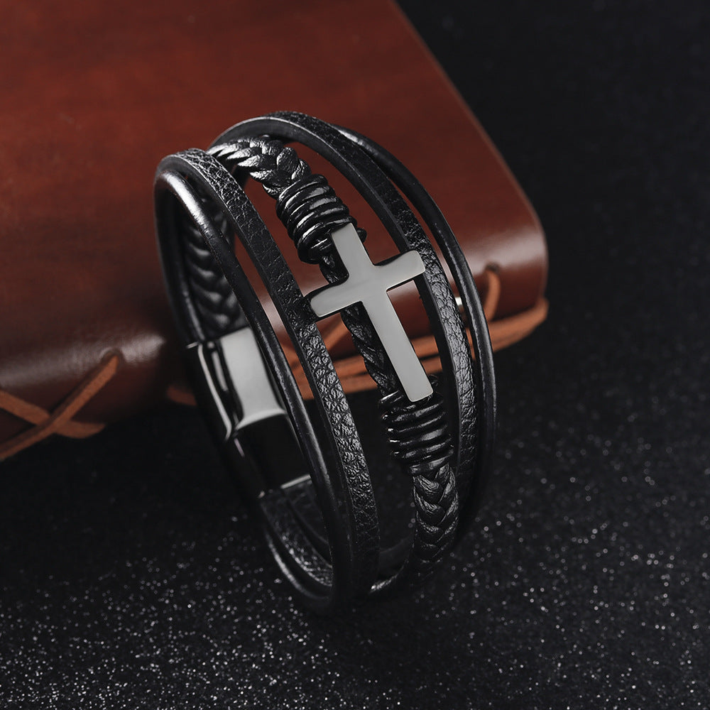 Men's Multilayer Leather and Stainless Steel Bracelet - Blue Cup LLC.